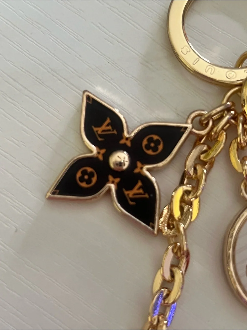 Louis Vuitton Pink and Black Enamel Logo Charm Key Holder with Gold Hardware